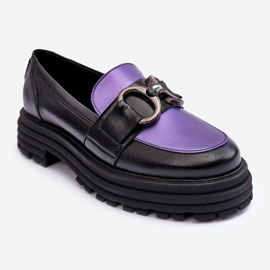 Laura Messi Women's Leather Loafers On Flat Heels Black and Purple Elkiza 2