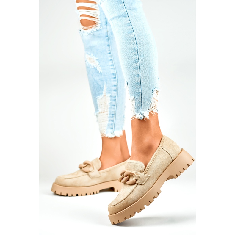 Women's beige suede loafers with a chain 2