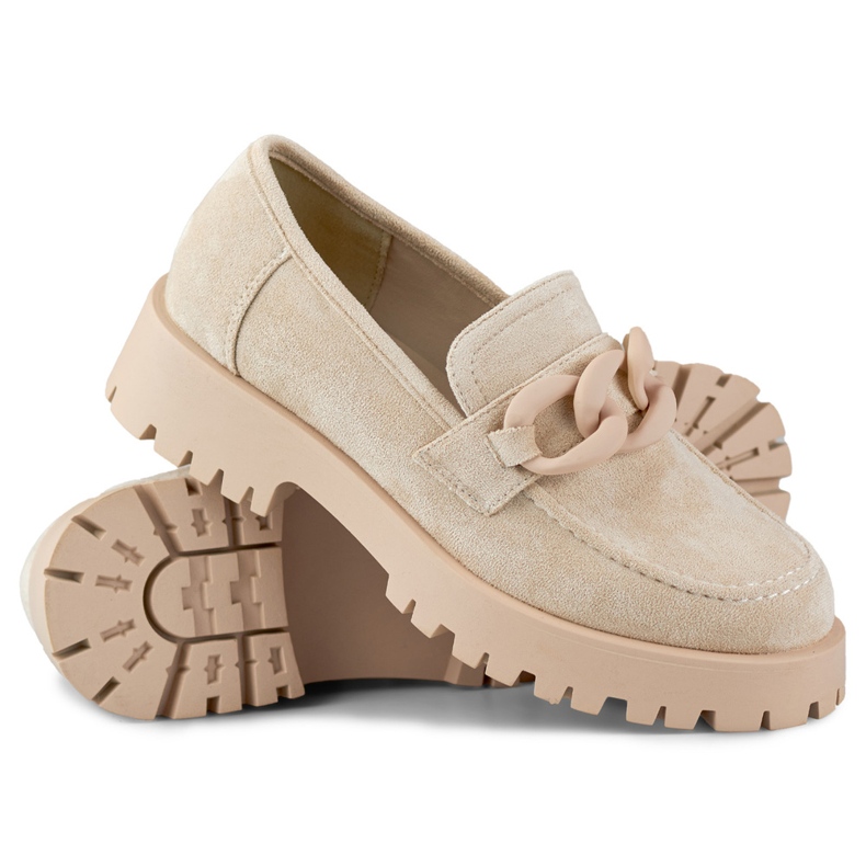 Women's beige suede loafers with a chain 1