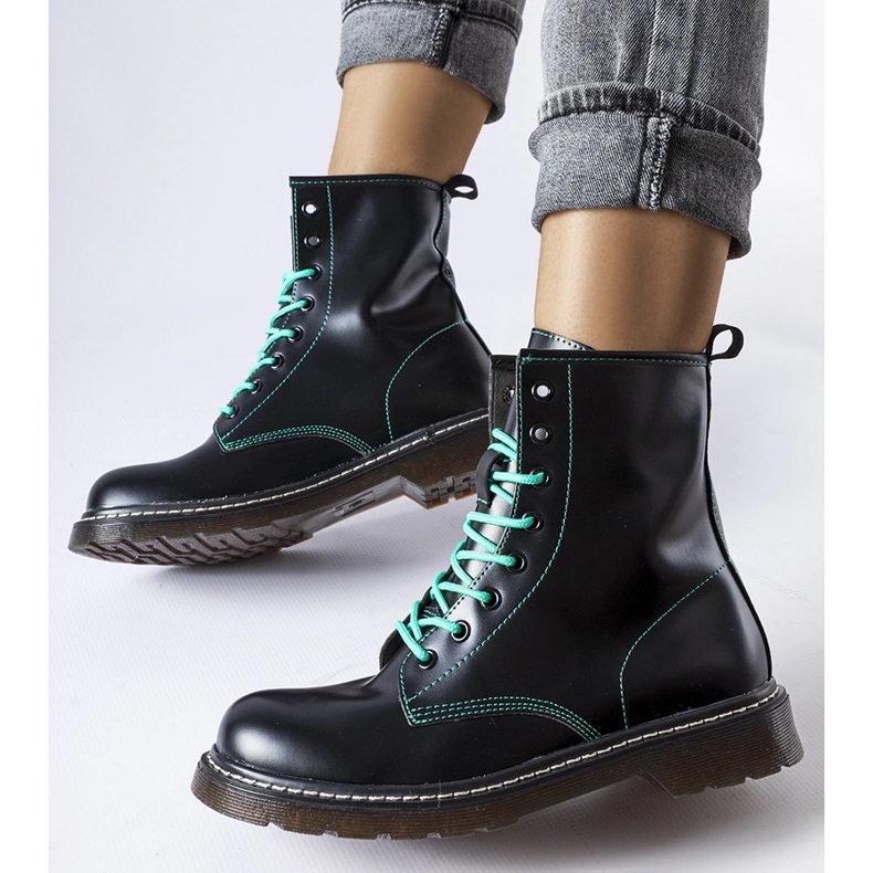 Inna Black boots with decorative green Rocco thread 1
