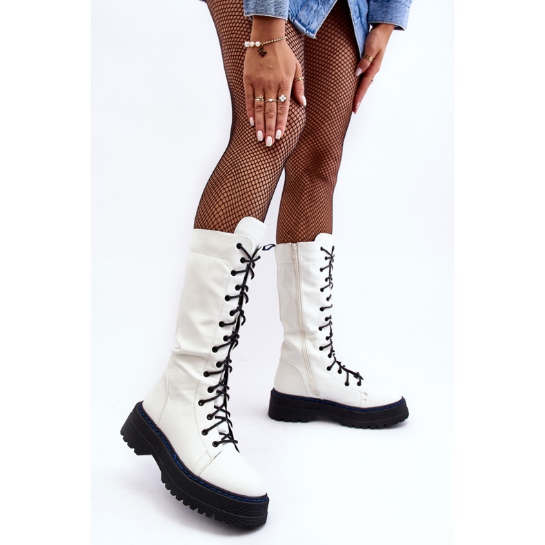 Leather Boots with Lace-Up Boots with Zipper, White Zoraida 2