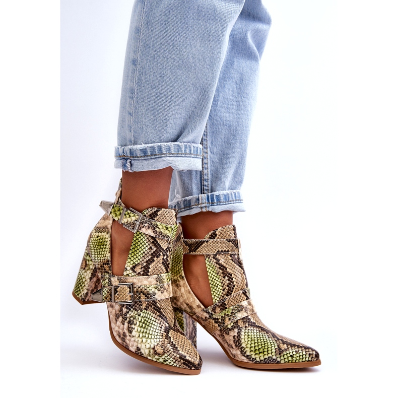 Fashionable high-heeled ankle boots with cutouts, beige and green 1