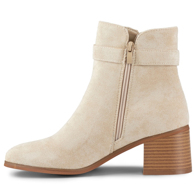 Beige low-heeled ankle boots with a buckle 1