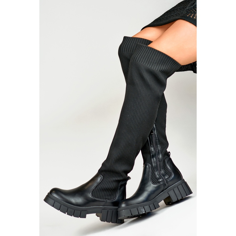 Black over-the-knee boots with an elastic upper 2