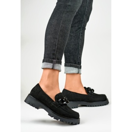 Women's black suede loafers with a chain 1