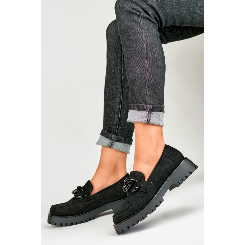 Women's black suede loafers with a chain 2