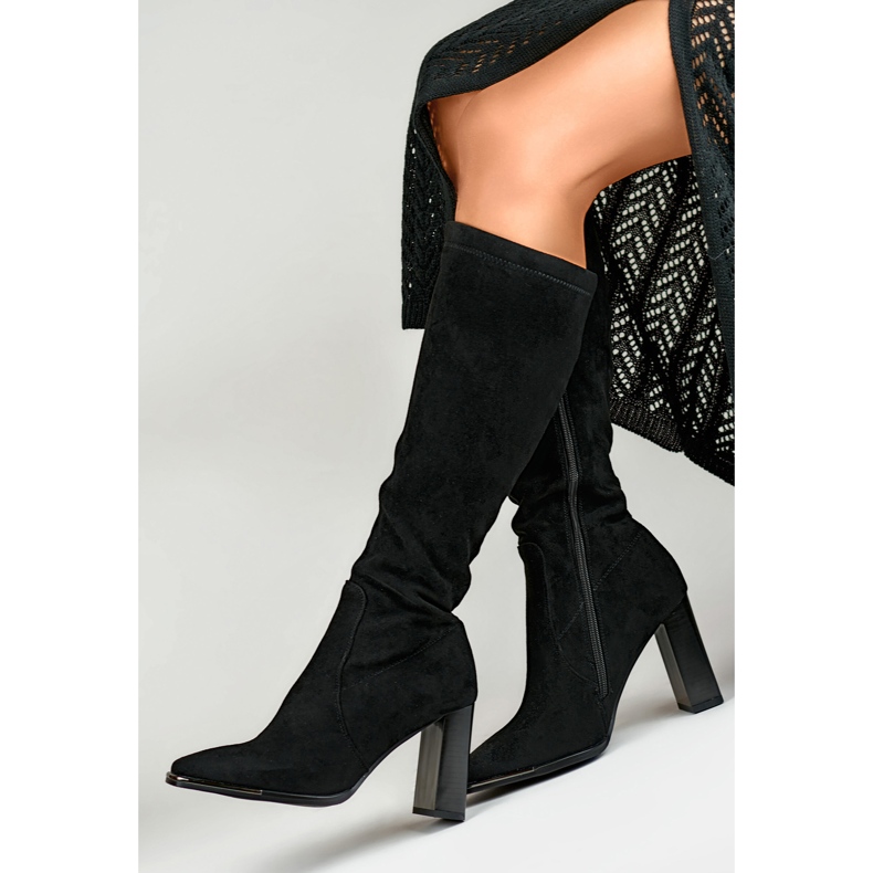 Black suede women's boots with a decorative toe 2