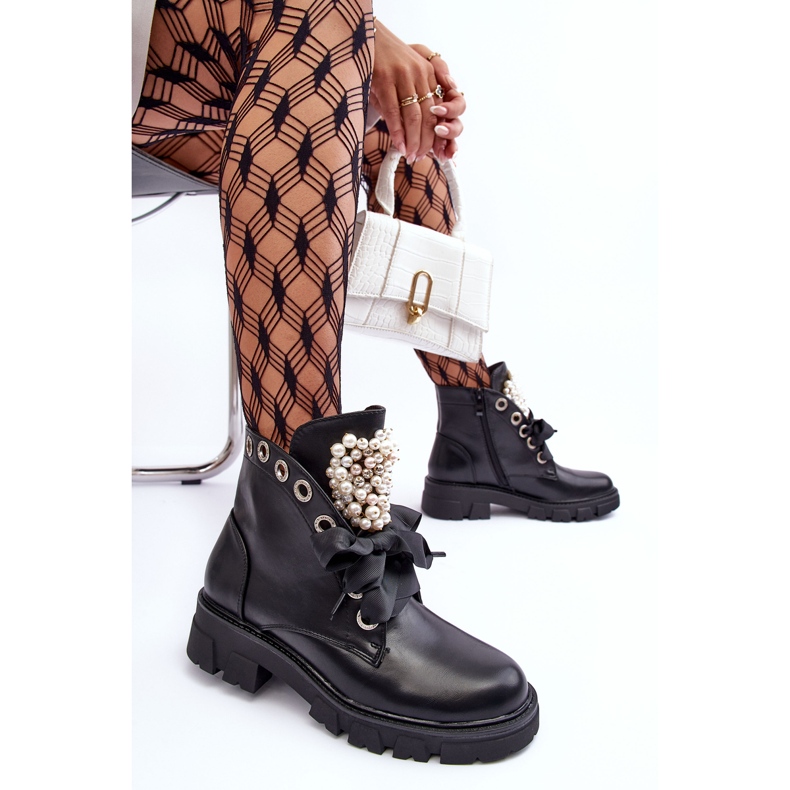 Decorated Low Flat Boots Black Binga 1