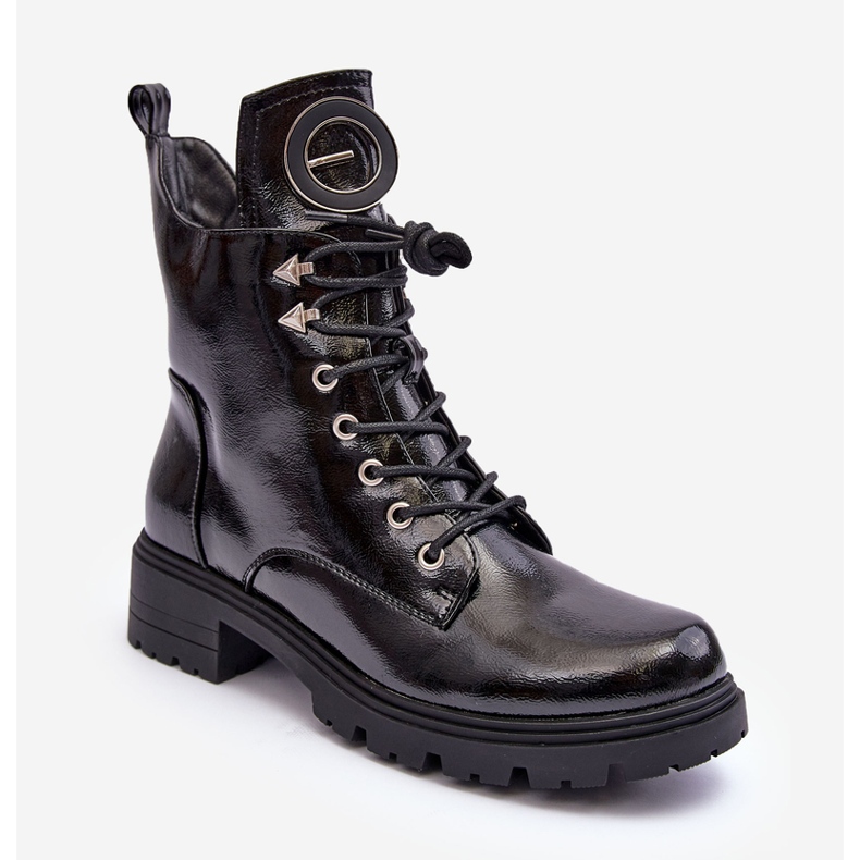 Vinceza Patent Worker Ankle Boots With Black Ember Decoration 1