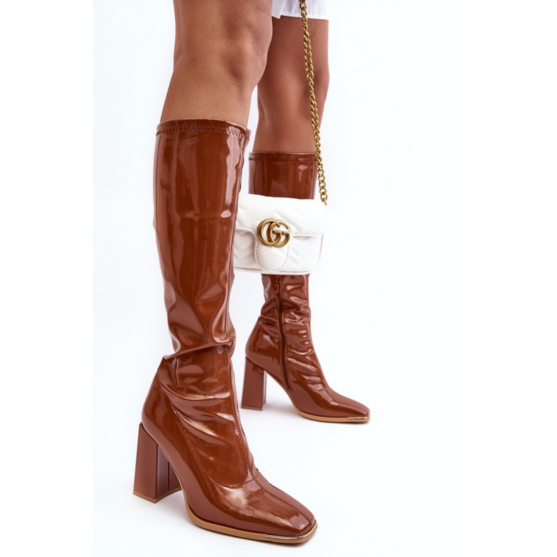 PS1 Patent Over-the-Knee High Heel Boots, Brown Mlokva 2