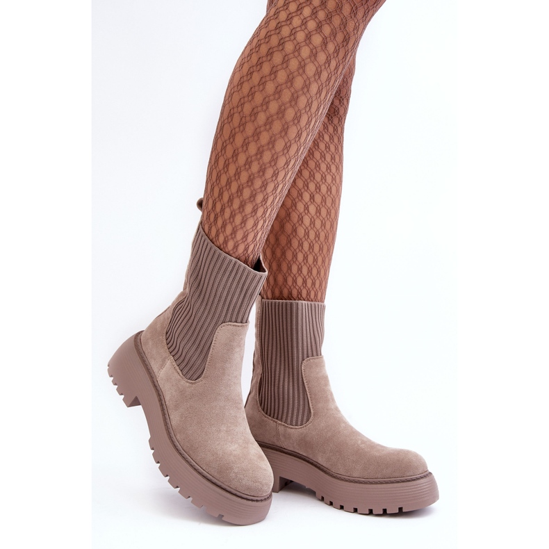 PS1 Suede Ankle Boots With A Sock On A Platform And A Flat Heel, Dark Beige Rewam 1