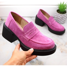 Leather suede shoes women's high-heeled loafers fuchsia Filippo DP4685 pink 1
