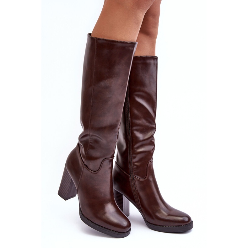 PS1 Elegant leather over-the-knee boots on a high heel, brown, Felsha 1