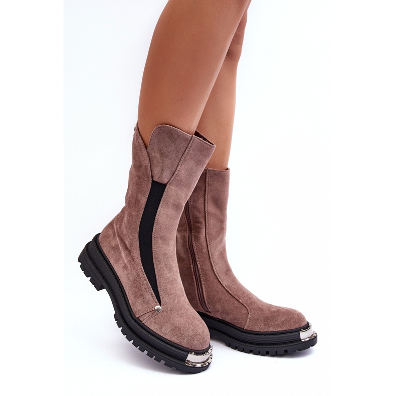 PS1 Suede Insulated Boots on a Flat Heel, Dark Beige Palimra 1