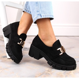Suede women's moccasins with a high heel, black Vinceza 2