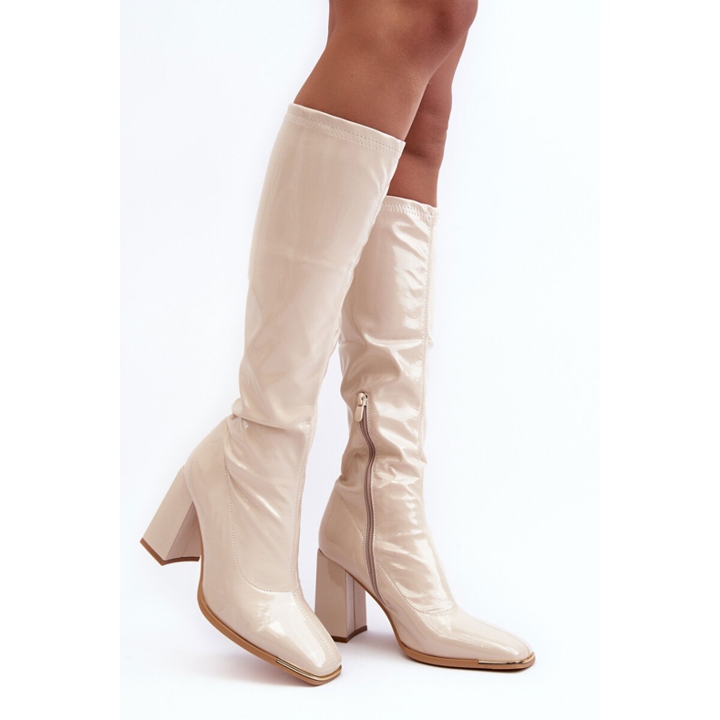 PS1 Patent Over-the-Knee High Heel Boots, Beige Mlokva 1