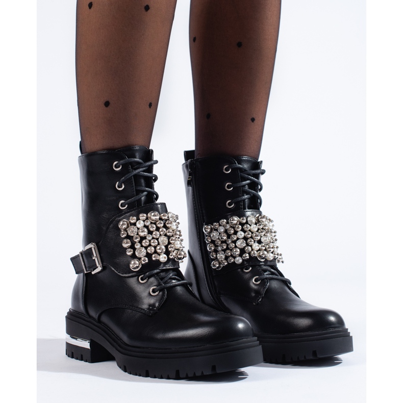 Women's black worker boots with Shelovet pearls 1