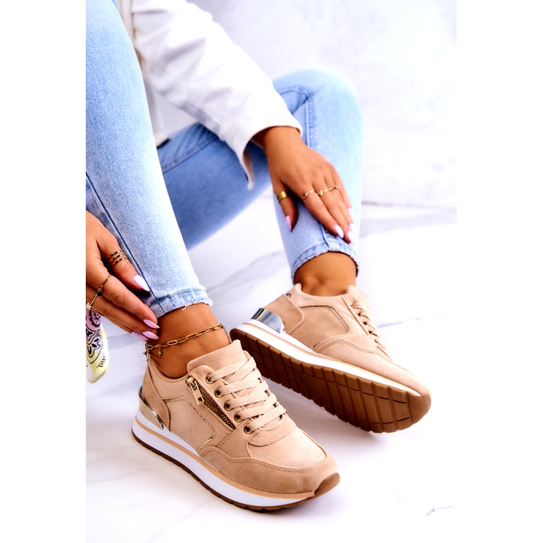 Women's suede sports shoes on the platform dark beige 3