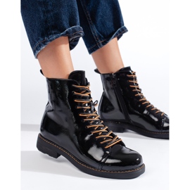 Vinceza women's black patent lace-up workers' boots 1