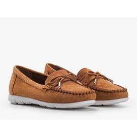 Brown eco-suede loafers with a Mckayla bow 1