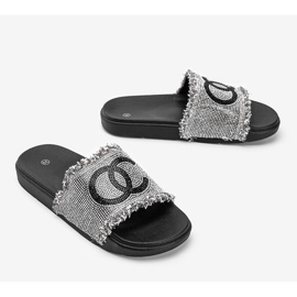 Black Olimpia slippers with cubic zirconia silver 1