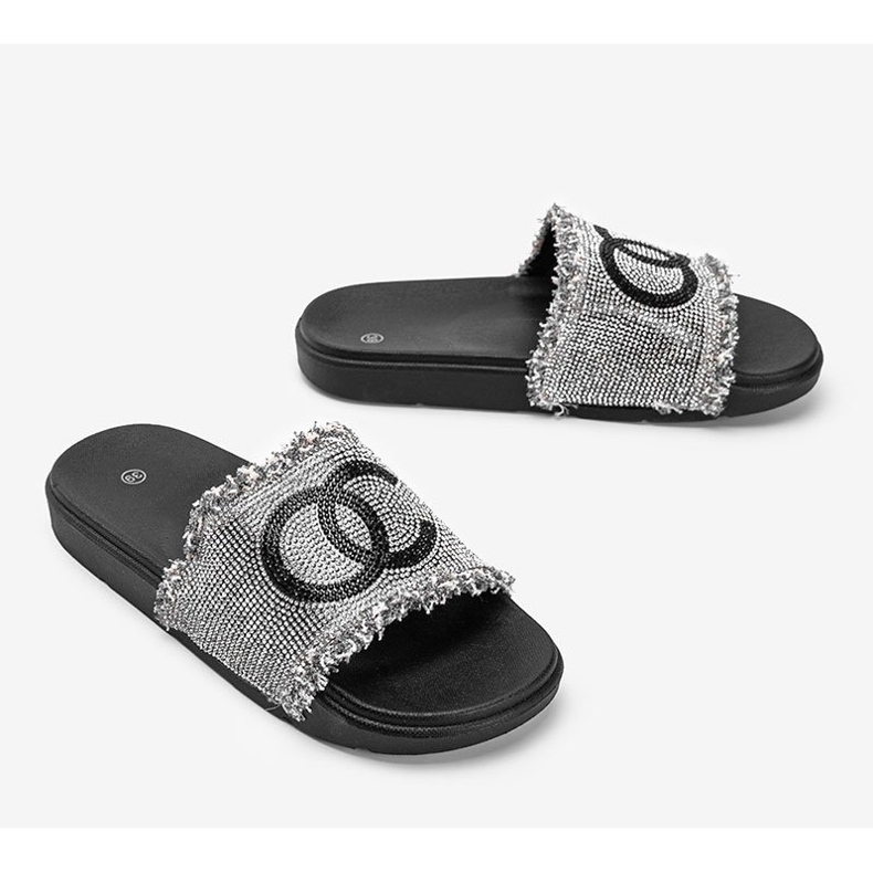 Black Olimpia slippers with cubic zirconia silver 1