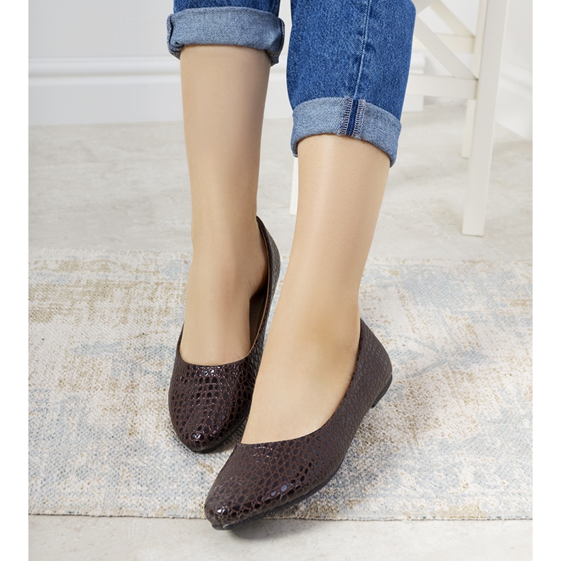 Brown patent ballerinas in a Mozzare crocodile skin pattern pink 1