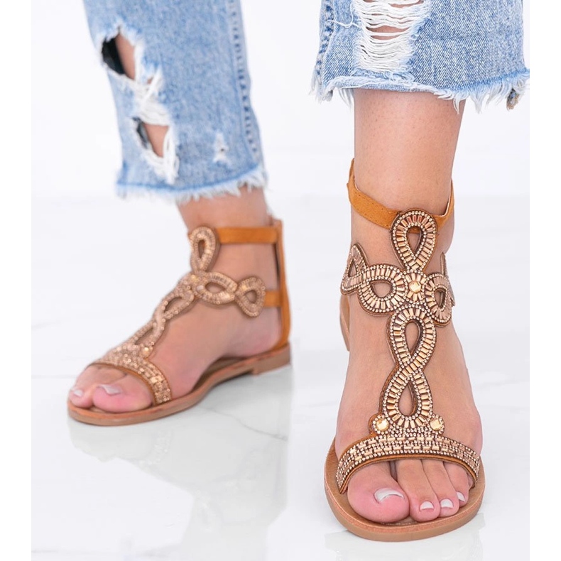 Camel sandals adorned with Cersi cubic zirconia brown 1