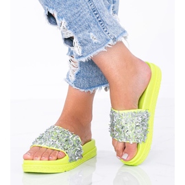 Neon green slippers with cubic zirconia Love Bling 1