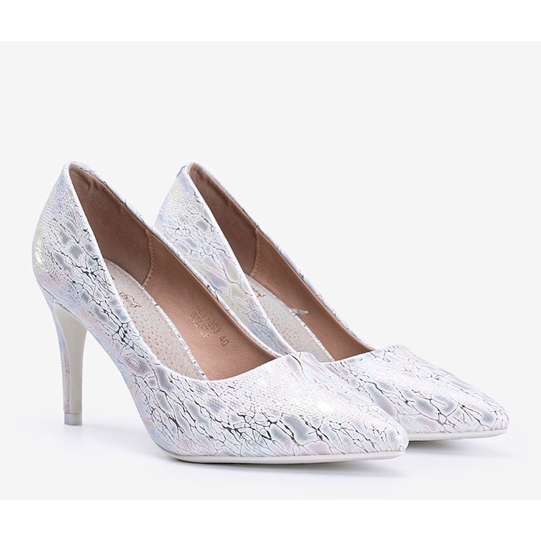 White pumps on a stiletto heel with a holographic Lines pattern 1