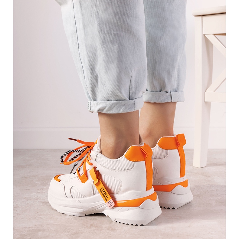 Orange and white sneakers with One Chance double lacing 1