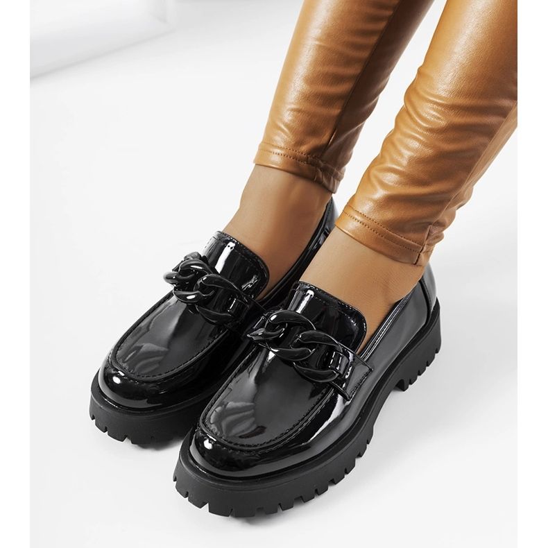 Black patent moccasins with a thick Dominick sole 1