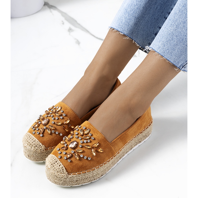 Brown espadrilles with Leer cubic zirconia yellow 1