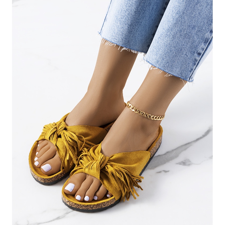 Laderies fringed yellow slippers 1