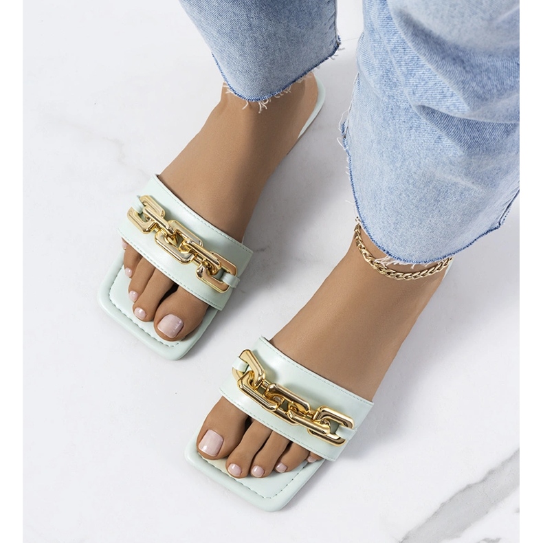 Green elegant slippers with a Cherell chain 1