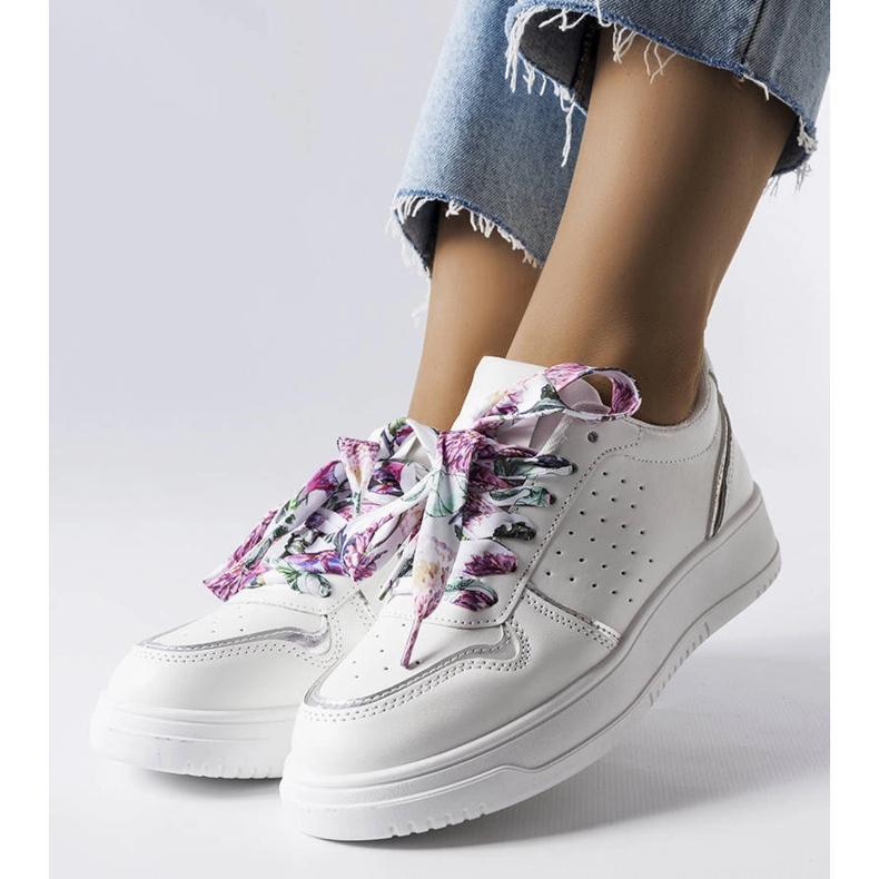 White sneakers tied with Pryor ribbon 1