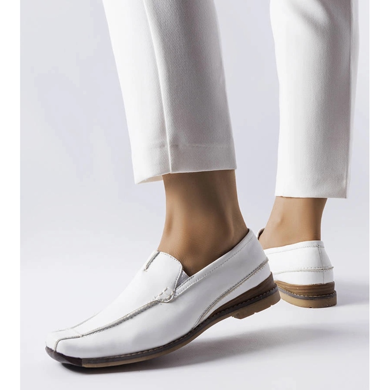 White moccasins with an oblong toe by Montague 1