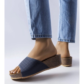 Navy blue openwork wedge sliders from Bourque 1