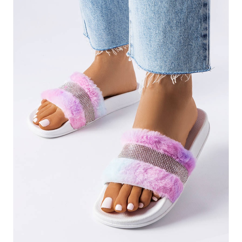 Colorful fur slides with rhinestones from Carrito pink 1