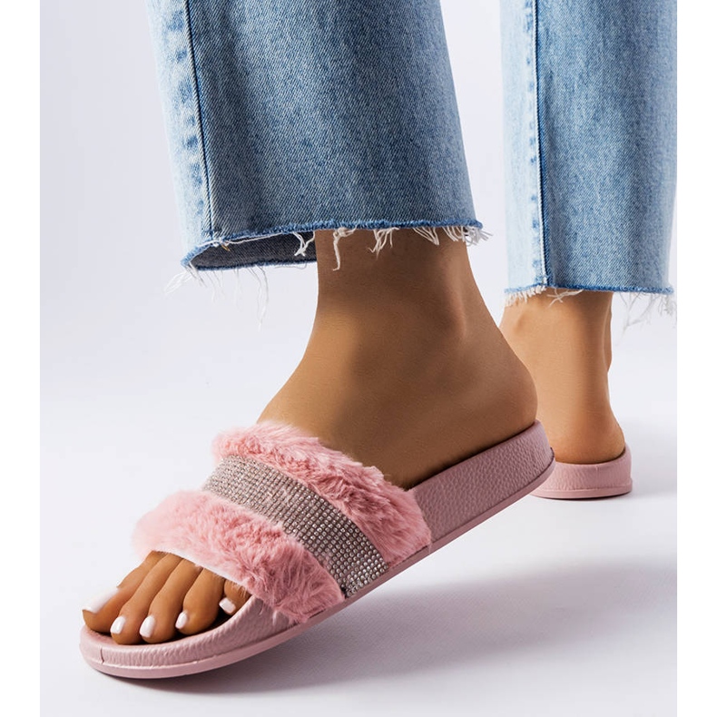 Pink fur slides with rhinestones from Carrito 2