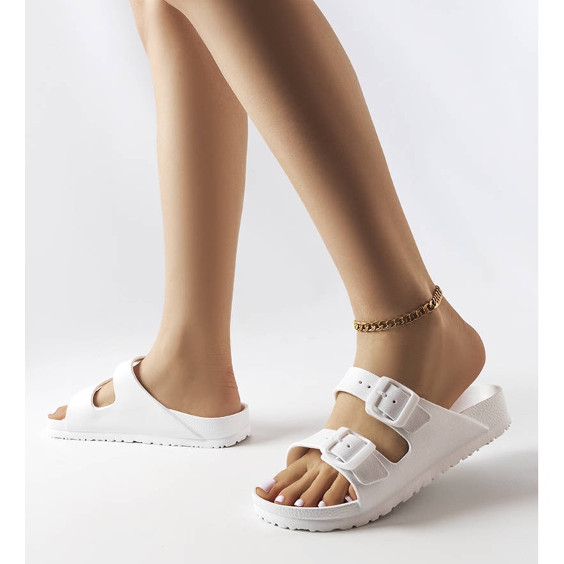 White rubber sliders with buckles from Eugene 2