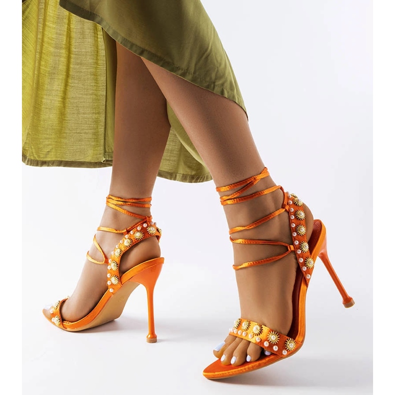 Orange sandals decorated with Grange pearls 1