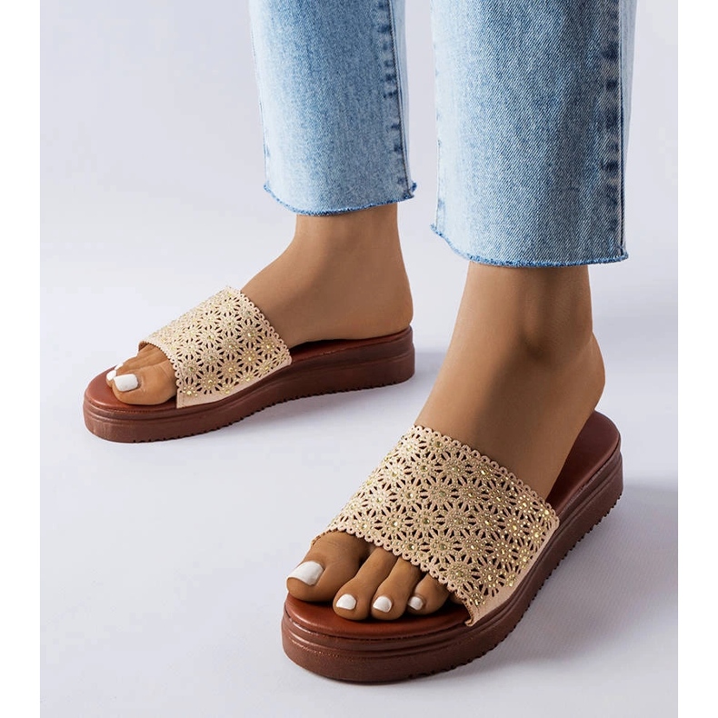 Beige openwork sliders with zircons from Irvine 1