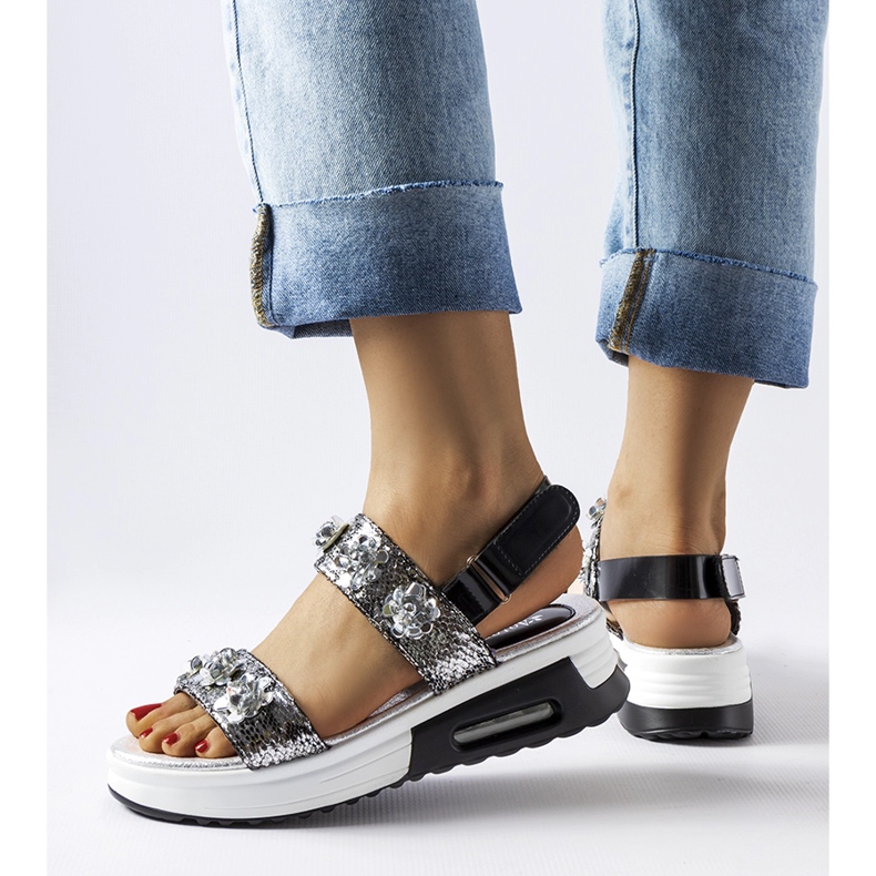 Inna Silver wedge sandals with flowers from Stamford 1