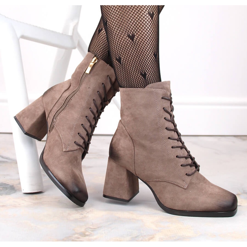 Women's suede ankle boots with laces and a zipper, brown Potocki SZ12185 1