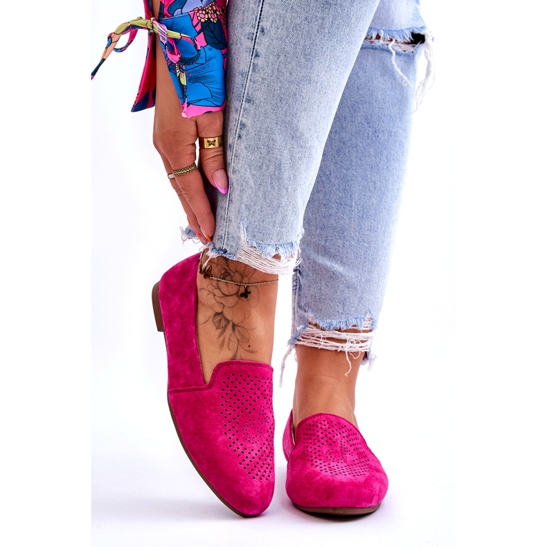 S.Barski Suede Comfortable Openwork Moccasins Fuchsia pink 1