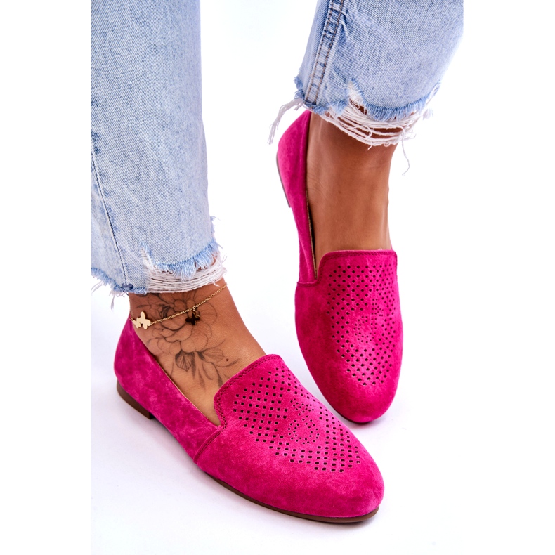 S.Barski Suede Comfortable Openwork Moccasins Fuchsia pink 2