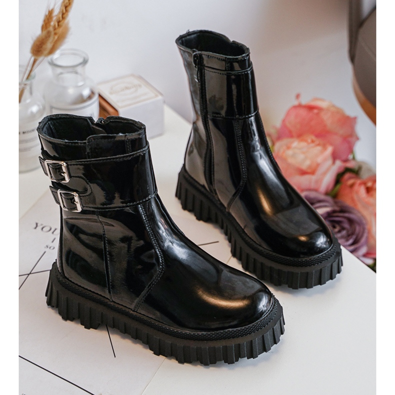 Children's patent leather ankle boots with buckles, Black Chloraia 2