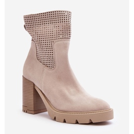 Lewski Shoes Suede Openwork Women's Boots On A High Heel Light Beige Lewski 3386 1
