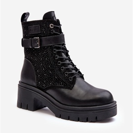 Leather Worker Ankle Boots Decorated with Rhinestones GOE MM2N4041 Black 1